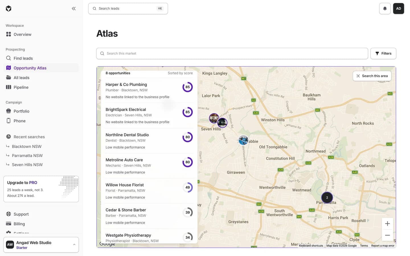 Halfbuilt Opportunity Atlas showing scored businesses on a map beside a ranked list