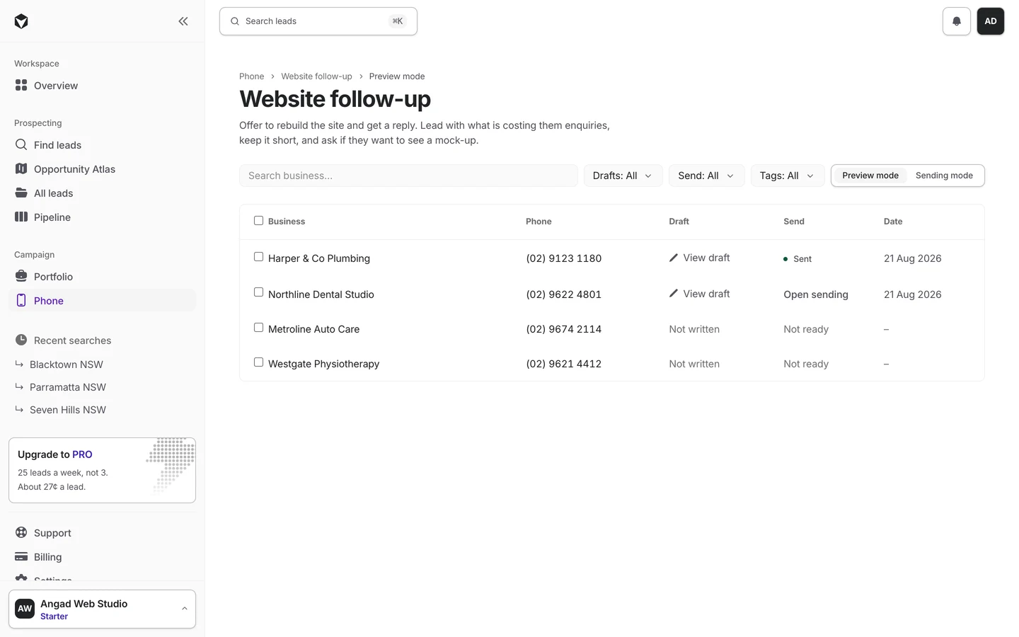 A Halfbuilt campaign showing one message written per business, each with the phone number it goes to and whether it has been sent