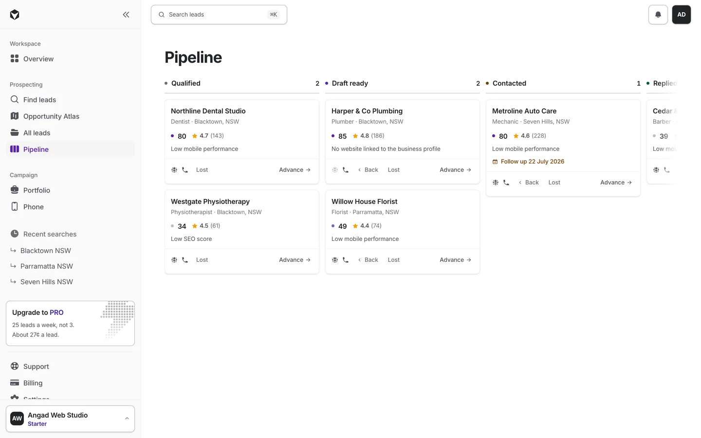 Halfbuilt Pipeline showing leads arranged across human-reviewed outreach stages
