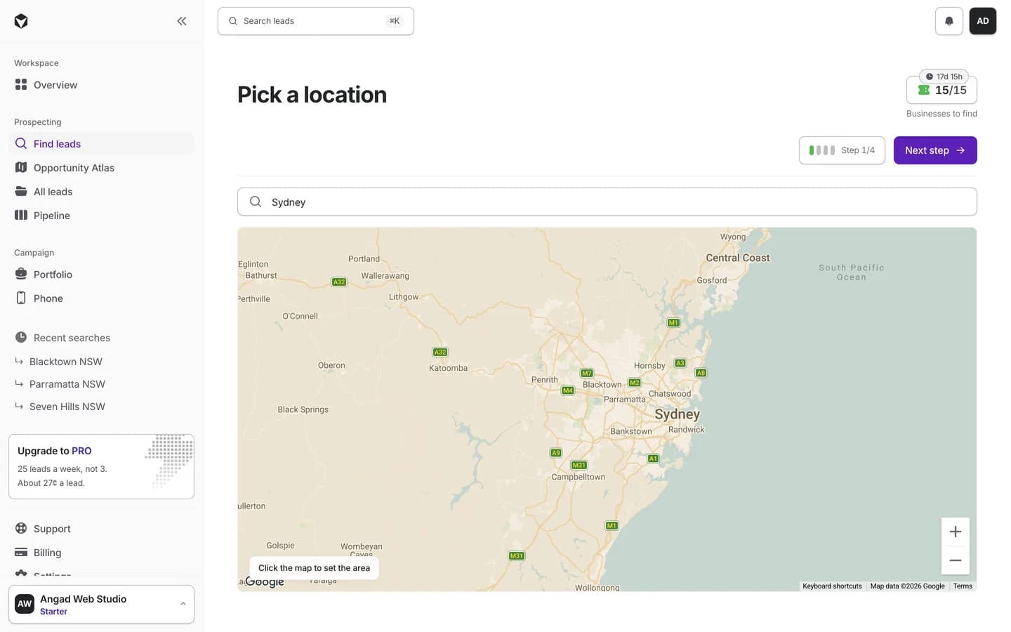 Halfbuilt search showing an industry and location territory with a radius and lead limit